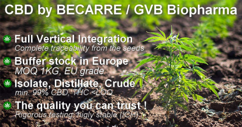 GVB Biopharma, represented by Becarre Natural, now delivers its range of CBD extracts from stock in Europe -  quality and reactivity